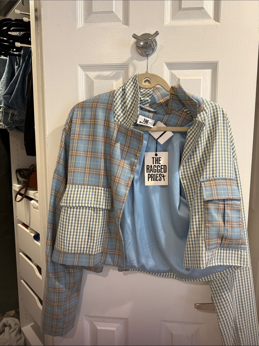 The Ragged Priest Light Blue & Tan Patchwork Cropped Shirt Jacket
